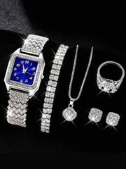 Ladies' Watch Set (5 pieces): A complete set of women's fashion watches with full diamond accents, steel bands, quartz movements, necklace, ring, and earrings (box not included).