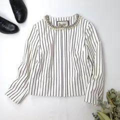 GRACE CONTINENTAL グレースコンチネンタル パール チェーン ノーカラージャケット ストライプ 日本製 /26Aのサムネイル