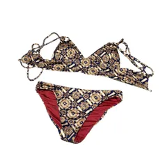 eimy istoire エイミーイストワール 水着 M ネイビー ゴールド スカーフ柄 ビキニ セパレート スイムウェア SWIM WEAR レディース リゾート柄 総柄 背中リボン 海 プール クリアポーチ付きのサムネイル