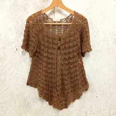 janis market ジャニスマーケット カーディガン かぎ編み 透かし編み フェミニン スカラップ フロントボタン ブラウン □〇のサムネイル