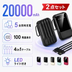 2点セット 20000mAh  モバイルバッテリー  4in1ケーブル内蔵 5台同時充電 残量表示 LEDライト付き PSE認証済み