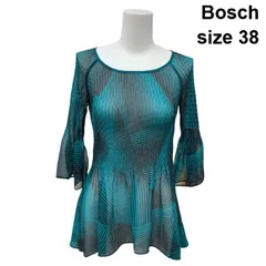 ◇ ボッシュ Bosch チュニックカットソー 七分袖 フレアスリーブ ボートネック プリーツ フレア トップス 緑  黒 38 M 9 レディース Z6C972のサムネイル
