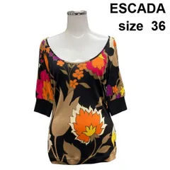 □ エスカーダ ESCADA カットソー トップス 半袖 バトーネック 袖口リブ プリント 花柄 ダークブラウン シルク 36 S 7号 レディース Z6C522のサムネイル
