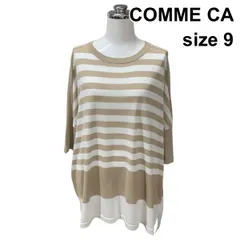 □ コムサ COMME CA サマーニットチュニック 半袖 ドロップショルダー トップス セーター ボーダー ベージュ 白 綿 9 M レディース Z6C282のサムネイル