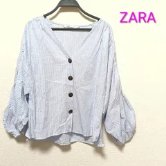 ZARA ザラ ストライプ　ボリュームスリーブ　ブラウス　S ボリューム袖　シャツ　Vネック　コットン100%　ブラウス　 レディースのサムネイル