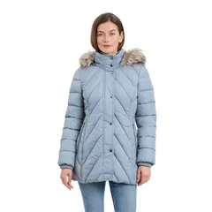 ロンドンフォグ レディース アウター ジャケット・ブルゾン コート Womens London Fog Chevron Puffer Coat with Faux Fur Trimmed Hood Kのサムネイル