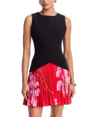 ミリー レディース トップス ワンピース プリーツ プリント ミニ MILLY Haddy Printed Pleated Minidress Blackred ブラックのサムネイル