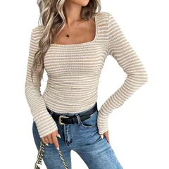 セオリア レディース トップス シャツ リブラウス ニット Seoria Womenstriped Square Neck Shirts Casualong Sleeve Pullover Topsのサムネイル