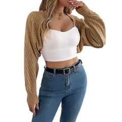 セオリア レディース アウター ニット・セーター ドロップショルダー リブ カーディガン クロップド Seoria Womens Open Front Ribbed Knit Cropped Shruのサムネイル