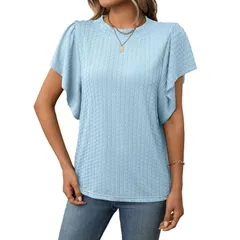 セオリア レディース トップス Tシャツ Seoria Women Summer Casual Flutter Short Sleeve Tops Basic Textured Round Neckのサムネイル