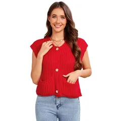 セオリア レディース アウター ニット・セーター ボタンダウン ベスト カーディガン ダウン クロップド Seoria Women Vestop Cropped Chunky Knit Cardigaのサムネイル