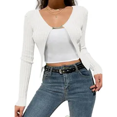 セオリア レディース アウター ニット・セーター リブニット カーディガン Seoria Womens Crop Topen Front Long Sleeve Rib Knit Shrug Sweaのサムネイル
