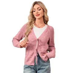 セオリア レディース アウター ニット・セーター カーディガン Seoria Womens Tie Frontops Cardigan Sweaters Crochet Crop Clothes Lo