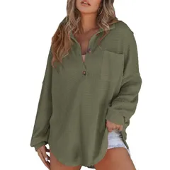 セオリア レディース トップス シャツ Vネック ニット Seoria Women Waffle Knit Shirts Tops Long Sleeve V Neck Solid Color Casのサムネイル