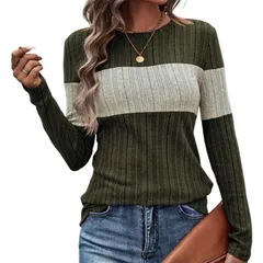 クリアフラワー レディース アウター ニット・セーター クルーネック ClearFlower Womens Cozy Textured Sweaters Fashion Knit Striped Lo