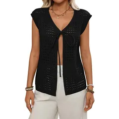 セオリア レディース アウター ニット・セーター Vネック ベスト カーディガン Seoria Crochet Knitie Front V Neck Short Sleeve Hollow Outのサムネイル