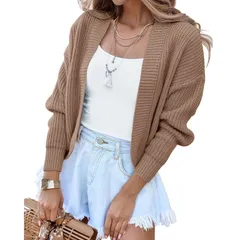 セオリア レディース アウター ニット・セーター カーディガン コート クロップド Seoria Womens Long Sleeve Cropped Cardigan Open Front Lighのサムネイル