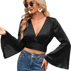 セオリア レディース トップス シャツ Vネック Seoria Womens Deep Vneck Long Sleeved Waistie up Charming Wrap and Exposedのサムネイル