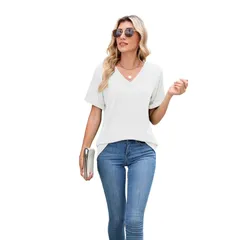 セオリア レディース トップス Tシャツ Vネック Seoria Womensummer TShirts Topshort Sleeve Basicasual V Neck T Shirts Whitのサムネイル