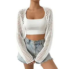 セオリア レディース アウター ニット・セーター クロップド Seoria Women Cropped Knitop Hollow Out Shrug Sweater See Through Coveのサムネイル