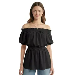 セオリア レディース トップス シャツ ブラウス Seoria Women Casual Puff Sleeve Top Off the Shoulder Blouse Black ブラックのサムネイル