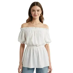 セオリア レディース トップス シャツ ブラウス Seoria Women Casual Puff Sleeve Top Off the Shoulder Blouse White ホワイトのサムネイル