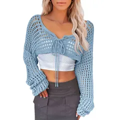 セオリア レディース アウター ニット・セーター クロップド Seoria Women Cropped Knitop Tie Front Hollow Out Shrug Sweater Sky Blのサムネイル