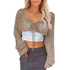 セオリア レディース アウター ニット・セーター クロップド Seoria Women Cropped Knitop Tie Front Hollow Out Shrug Sweater Khakiのサムネイル