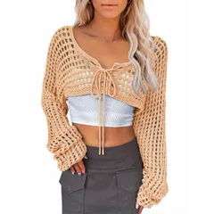 セオリア レディース アウター ニット・セーター クロップド Seoria Women Cropped Knitop Tie Front Hollow Out Shrug Sweater Beigeのサムネイル