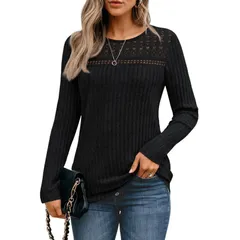 セオリア レディース トップス シャツ クルーネック Seoria Women Hollow Out Crew Neck Long Sleeve Casual Top Black ブラックのサムネイル