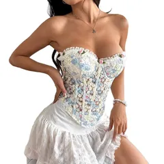 セオリア レディース トップス Tシャツ ヴィンテージ フラワー柄 ストラップレス レース フラワー Seoria Womens Floral Strapless Tube Top Summer Laのサムネイル
