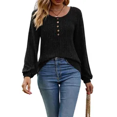 セオリア レディース アウター ニット・セーター クルーネック シャツ Seoria Womens Lightweight Pullover Sweaters Long Lantern Sleeveのサムネイル