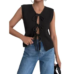 セオリア レディース アウター ニット・セーター ベスト ノースリーブ Seoria Women Tie Front Sweater Vest Sleeveless Knit Going Outopsのサムネイル