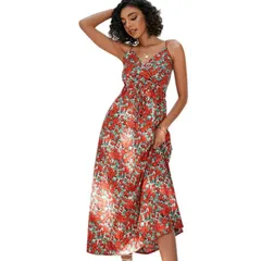 イエスファッション レディース トップス ワンピース フラワー柄 マキシ フラワー Yesfashion Womens Floral Tie Front Spaghetti Strap Casual