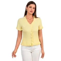 セオリア レディース アウター ニット・セーター ボタンダウン フリル シャツ カーディガン ダウン Seoria Women Short Sleeve Sweater Cardigan Shirtのサムネイル