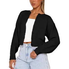 セオリア レディース アウター ニット・セーター クルーネック カーディガン Seoria Women Button Front Crop Sweater Cardigan Crew Neck Lonのサムネイル