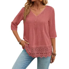 セオリア レディース トップス Tシャツ レース Seoria Women Half Sleeve Lace Hollow Outopink ピンクのサムネイル
