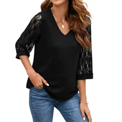 セオリア レディース トップス シャツ パッチワーク ブラウス レース Seoria Womens 34 Sleeve Blouse with Patchwork Lacelegant Solid Cのサムネイル