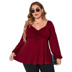 セオリア レディース トップス Tシャツ プラスサイズ Seoria Plusize Womens Long Sleeve Tie Front Babydoll Shirt Burgundy バーガン