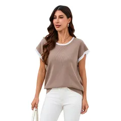 セオリア レディース アウター ニット・セーター シャツ Seoria Women Casualoose Top Short Sleeve Knit Shirt Khaki カーキのサムネイル
