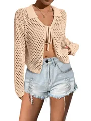 クリアフラワー レディース アウター ニット・セーター Vネック カーディガン ClearFlower Womens VNeck Crochet Cardigan Casualong Sleeve H