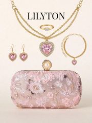 Women's Party Bag: Pink Floral Sequin Evening Clutch Bag, coordinated with a heart-shaped sequin jewelry set (necklace, earrings, ring, bracelet). An elegant and refined style designed for women. Pearl clasp.