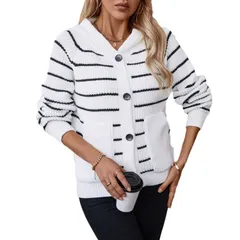 セオリア レディース アウター ニット・セーター カーディガン Seoria Womenstriped Hooded Cardigan Casualong Sleeve Button Open Froのサムネイル