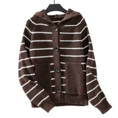 セオリア レディース アウター ニット・セーター カーディガン Seoria Womenstriped Hooded Cardigan Casualong Sleeve Button Open Froのサムネイル