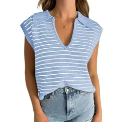クリアフラワー レディース アウター ニット・セーター Vネック シャツ ノースリーブ ClearFlower Womensummer Fall Striped Lapel Collared V Ne