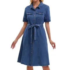 インスパイア シック レディース トップス ワンピース ボタンダウン シャツ ダウン デニム INSPIRE CHIC Womens Denim Dress Button Down Short Sle