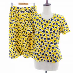 ハナエモリ HANAE MORI Soft Sports セットアップ 上下 カットソー 半袖 スカート フレア ひざ丈 ハート柄 総柄 L 63-90 黄 黒 イエロー ブラック トップス ボトムス /AZのサムネイル