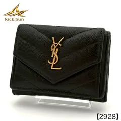 SAINT LAURENT サンローラン 三つ折り財布 キャビアスキン カサンドラ YSL ロゴ タイニー モノグラム ミニ ウォレット Vステッチ キルティング レザー 本革 ブラック 黒 ゴールド 金具 コンパクト 2928