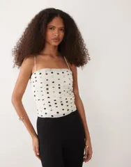 マンゴ レディース トップス シャツ ドット ギャザー Mango ruched strappy cami top and black polka dots WHITE ホワイトのサムネイル