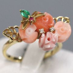 珊瑚 帯留め 薔薇モチーフ てんとう虫付き K18 ダイヤ 桃色 - メルカリ